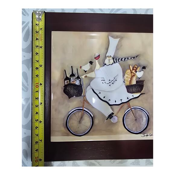Jennifer Garant “Fat Chef on Bicycle” Framed Ceramic Tile – (2 Feet Missing) - Picture 8 of 10
